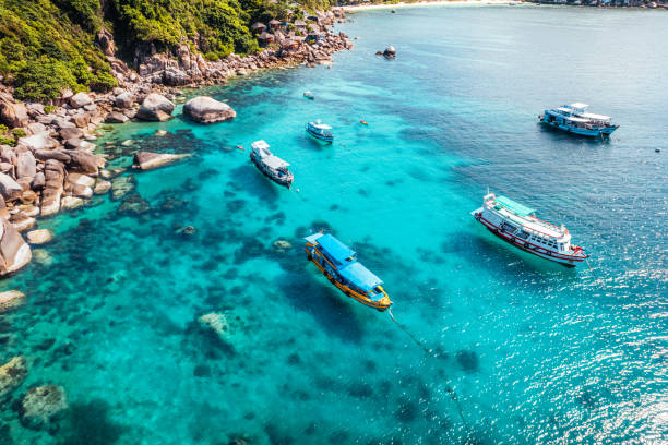 Boats and crystal clear waters at the bay dive site in Koh Tao,diving tour boat Boats and crystal clear waters at the bay dive site in Koh Tao from above. koh tao stock pictures, royalty-free photos & images