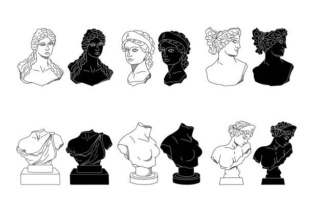 Ancient Greek bust statues of goddess and nymphs, vector black white line and solid silhouettes of antique female sculptures, hand drawn women figures isolated clip art collection Ancient Greek bust statues of goddess and nymphs, vector black white line and solid silhouettes of antique female sculptures, hand drawn women figures isolated clip art set roman empire vector stock illustrations