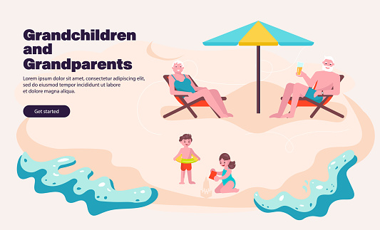 Landing webpage template with Grandparents spending time with grandchildren