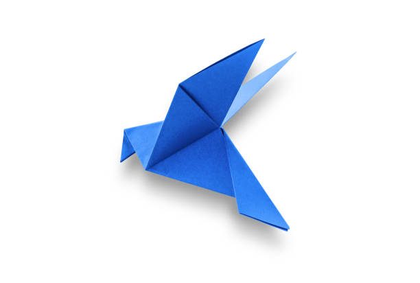 Blue paper dove origami isolated on a blank white background.