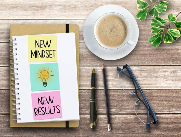 istock Top view notepad with New Mindset New Results text on wood table background. 1403005740