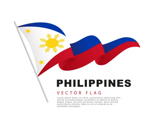 Vector illustration of The flag of the Philippines hangs on a flagpole and flutters in the wind. Vector illustration on a white background.