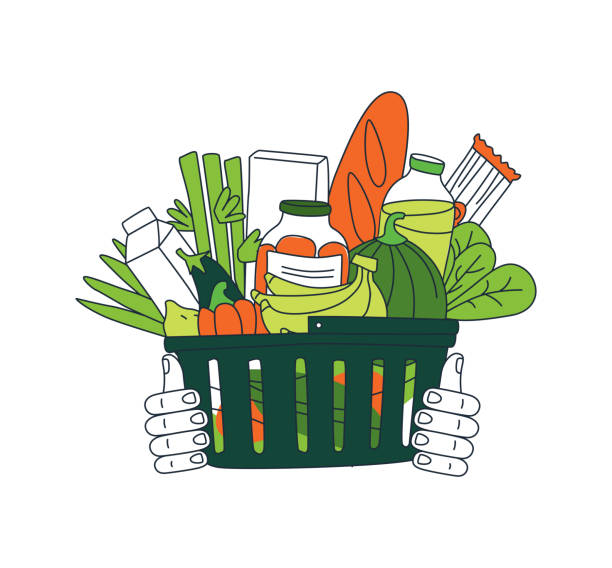 Grocery order. Basket of food. Goods from online shop. vector art illustration