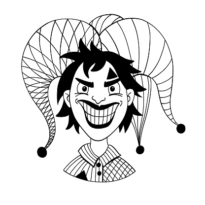 Joker drawn with a black line in doodle style. A buffoon with a wide sly smile in the style of doodle and linart.