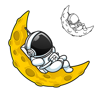 Astronaut Sitting on The Crescent Moon with Black and White Line Art Drawing, Science Outer Space, Vector Character Illustration, Outline Cartoon Mascot Logo in Isolated White Background.
