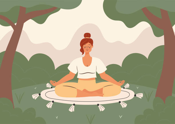 Self time concept illustration Woman meditates on a meadow in the park. Self time concept illustration carefree stock illustrations