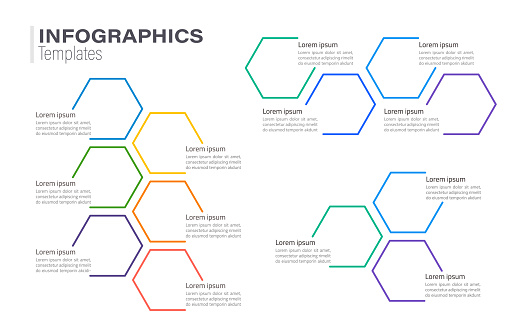 Multicolor honeycomb shaped infographic chart design template set. Abstract infochart kit with copy space. Instructional graphics with connected steps, options. Visual data presentation