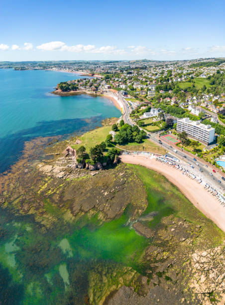 Beach and National Home Guard Memorial Headland in Torquay Seaweed covered rocks and beach and National Home Guard Memorial Headland in Torquay torquay uk stock pictures, royalty-free photos & images