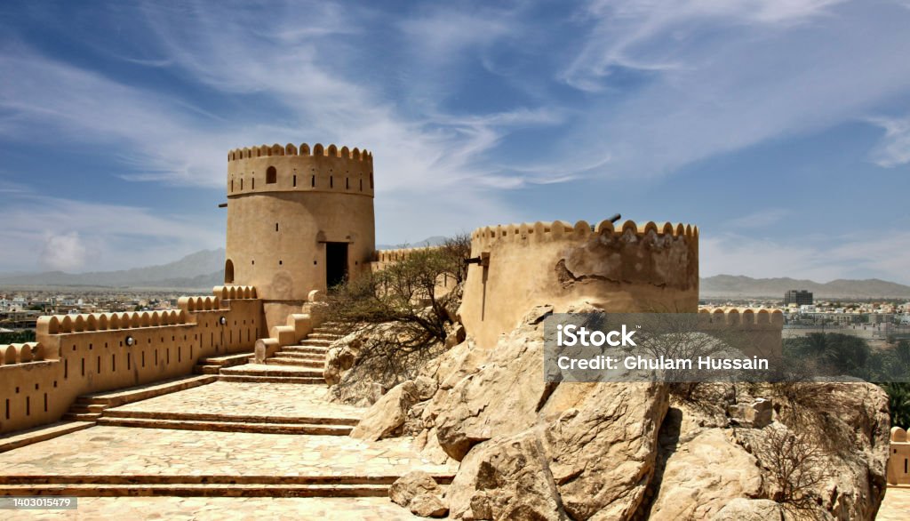 Historical Nizwa fort in the Oman The Nizwa Fort is a large castle in Nizwa, Oman  built in the seventeenth century Oman Stock Photo