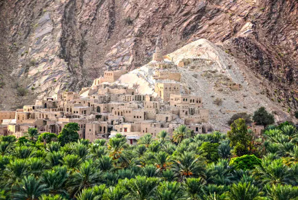 Aerial view of the ancient Bilad Sayt village in the mountains near the Nizwa fort