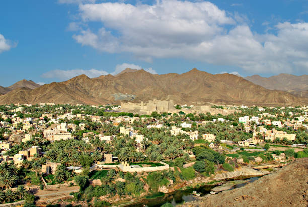 aerial view of the village in the mountains - nizwa imagens e fotografias de stock