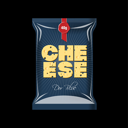 Cheese packaging. Cheese letters consist of slices on a blue background. Cheese letters with rays, red ribbon and wax seal.