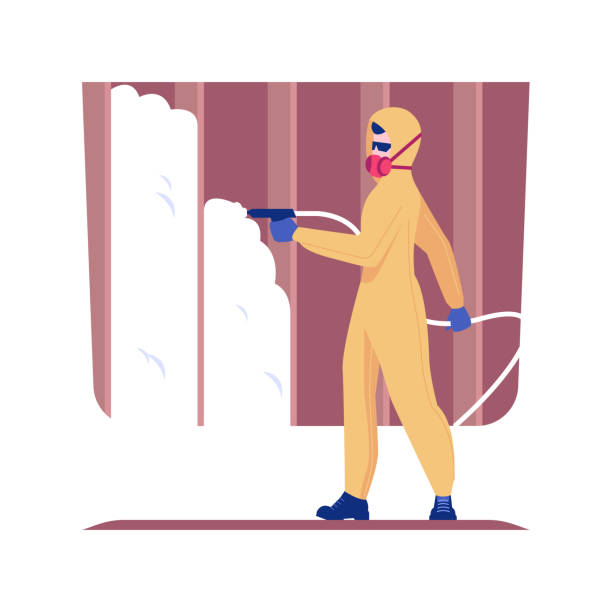 Spray foam insulation isolated concept vector illustration. Spray foam insulation isolated concept vector illustration. Construction worker in protective suit sprays protection foam on wall, residential area building, insulation aerosol vector concept. spray insulation stock illustrations