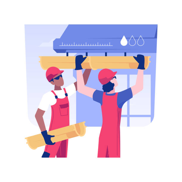 Gutter installation isolated concept vector illustration. Gutter installation isolated concept vector illustration. Uniform dressed contractor installing pipes for potable water, waste drains, make a drain vents, exterior works vector concept. Installing stock illustrations