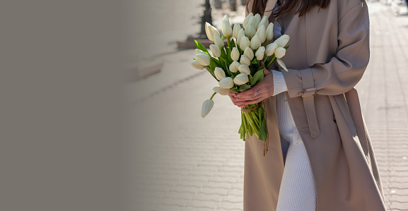 Cropped girl holding bouquet of white tulips. Womans hands holding a huge blossoming bouquet of fresh spring flowers. Concept of gift for the Mother's day, Valentine's day, March 8 women's day. Banner