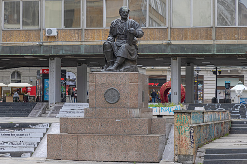 Belgrade, Serbia - February 27, 2022: Bronze Statue of Petar II Petrovic Njegos Landmark in Capital City Centre.