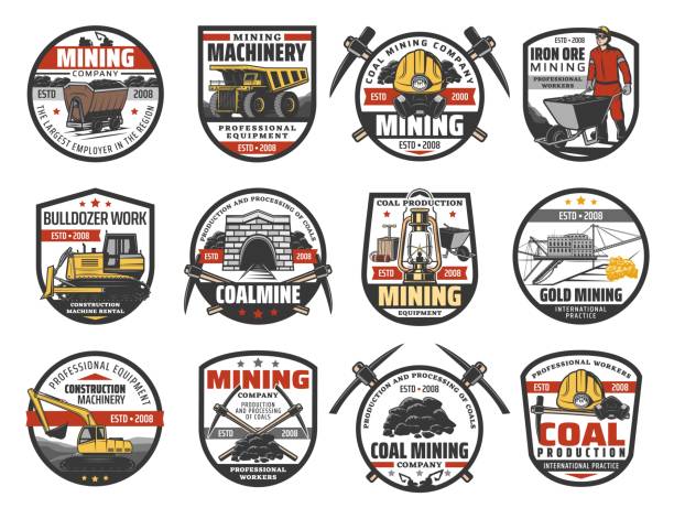 illustrazioni stock, clip art, cartoni animati e icone di tendenza di icone di attrezzature e strumenti dell'industria mineraria del carbone - earth mover bulldozer construction scoop