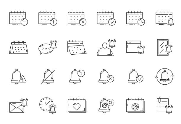 ilustrações de stock, clip art, desenhos animados e ícones de reminder, calendar, planner, alarm outline icons - calendar personal organizer clock diary