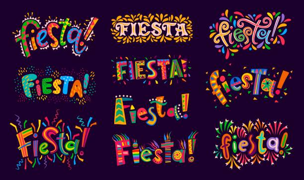 Fiesta Party, mexican or spanish holiday carnival Fiesta Party, mexican, spanish and chile holiday carnival, vector celebration greetings. Latin America and hispanic fiesta party lettering with confetti and colorful flag with mexican pattern ornament carnival stock illustrations