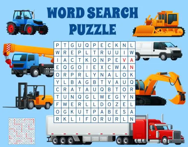 Vector illustration of Construction machinery equipment word search game