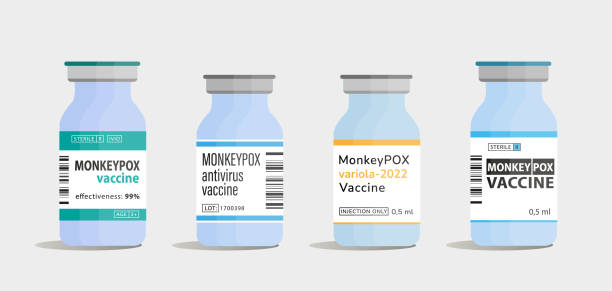 Monkeypox vaccine bottles vector illustration. Monkeypox outbreak disease 2022 New pandemic. Monkeypox variola virus, smallpax cure prevention. Health care concept. Flat vector illustration. Monkeypox vaccine bottles vector illustration. Monkeypox outbreak disease 2022 New pandemic. Monkeypox variola virus, smallpax cure prevention. Health care concept. Flat vector illustration. medicine vial stock illustrations