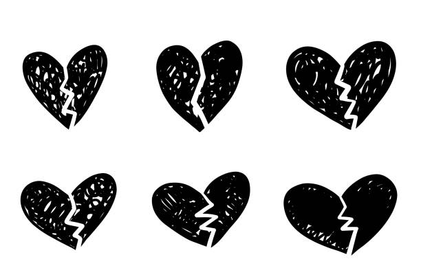 Vector heart sketch doodle illustration set with broken heart shape. Black and white monochrome collection Pain outline art drawing. divorce patterns stock illustrations