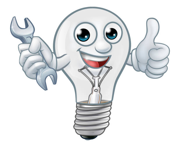 illustrazioni stock, clip art, cartoni animati e icone di tendenza di carattere cartone animato lampadina lampadina mascotte - thumbs up repairman human thumb electrician