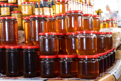 Street actual market with fresh organic honey