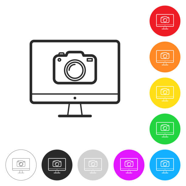 ilustrações de stock, clip art, desenhos animados e ícones de desktop computer with camera. icon on colorful buttons - conference call flash
