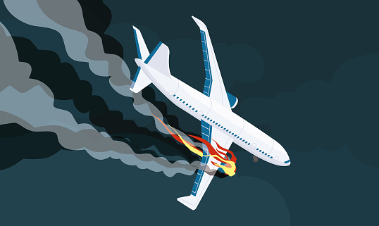 Airplane accident vector illustration. Fire and smoke are visible on the wings of a crashing plane.