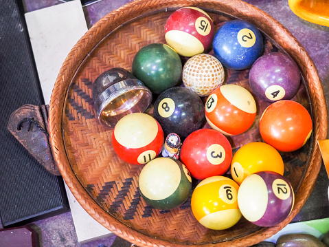 Old different Billiard balls or pool balls for sale at a flea market in the old city of Jaffa, Tel Aviv, Israel