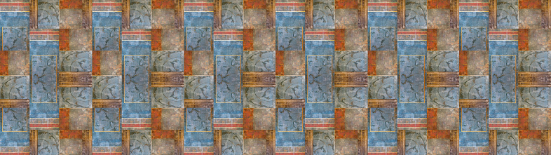Old orange blue rusty vintage worn geometric arabesque shabby mosaic ornate patchwork motif porcelain stoneware tiles stone concrete cement wall texture background banner panorama oh