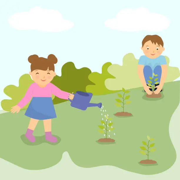 Vector illustration of Children are planting trees in the garden, children's activities during the semester break.