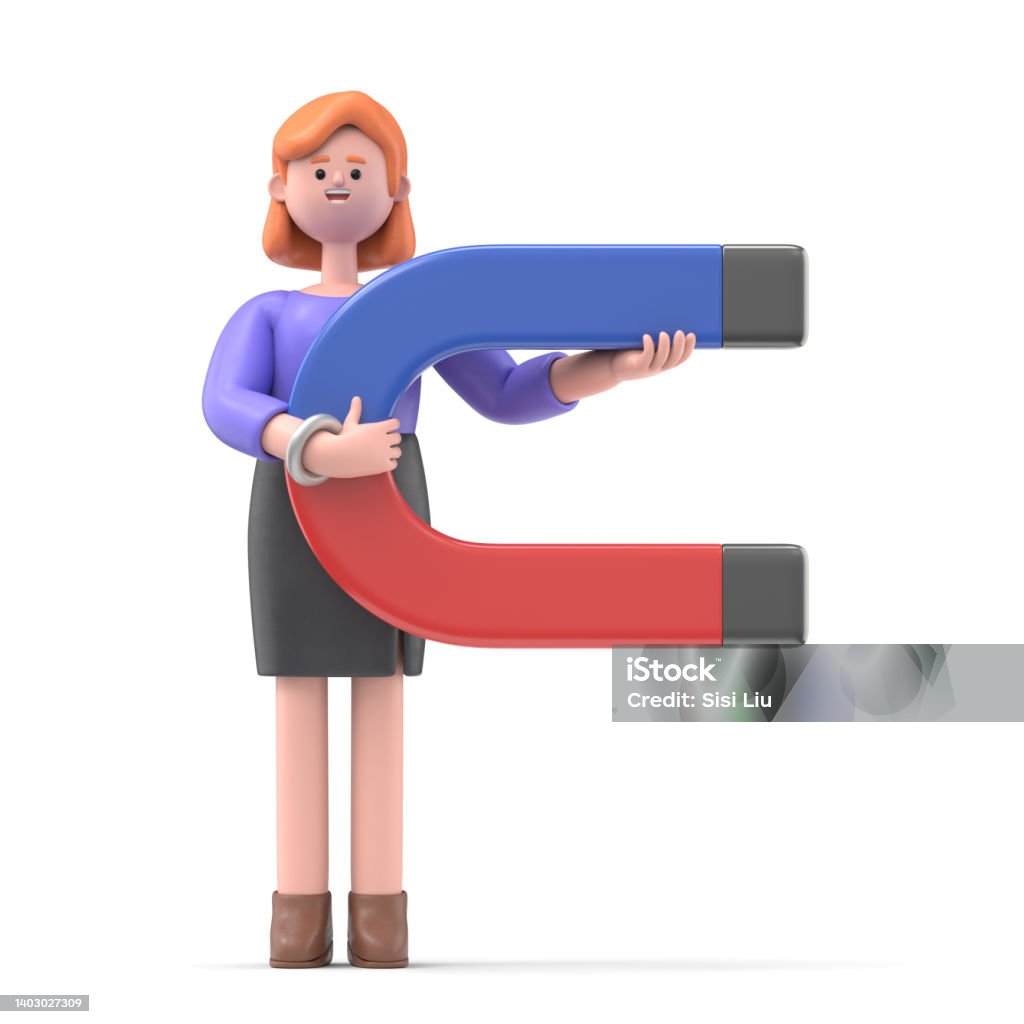 3D illustration of smiling businesswoman Ellen  standing with a magnet in his hand. 3d image. 3D rendering on white background. Plus Sign Stock Photo