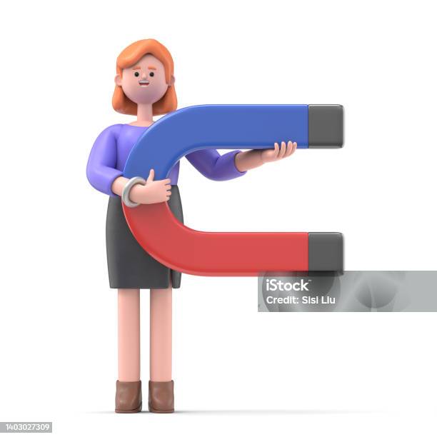 3d Illustration Of Smiling Businesswoman Ellen Standing With A Magnet In His Hand 3d Image 3d Rendering On White Background Stock Photo - Download Image Now