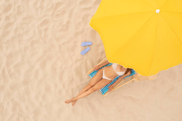 istock Woman resting in sunbed under yellow beach umbrella at sandy coast, aerial view. Space for text 1403027607