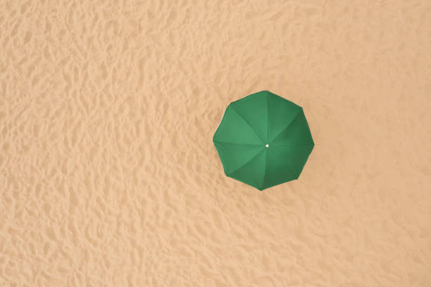 Green beach umbrella on sandy coast, aerial view. Space for text