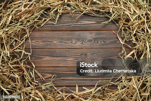 istock Frame made of dried hay on wooden background, top view. Space for text 1403029135