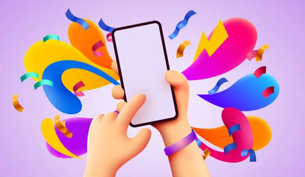Vector illustration of Holding phone in two hands. Phone mockup. Color explosion. Touching screen with finger.