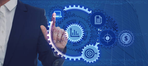 istock Business process. Woman touching virtual screen with different icons, closeup 1403029962
