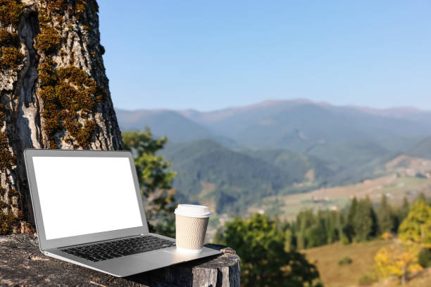 istock Modern laptop with blank screen and coffee cup on tree stump in mountains, space for text. Working outdoors 1403029984