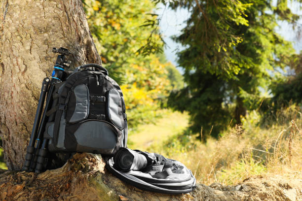 istock Backpack and photographer's equipment near tree outdoors 1403030219