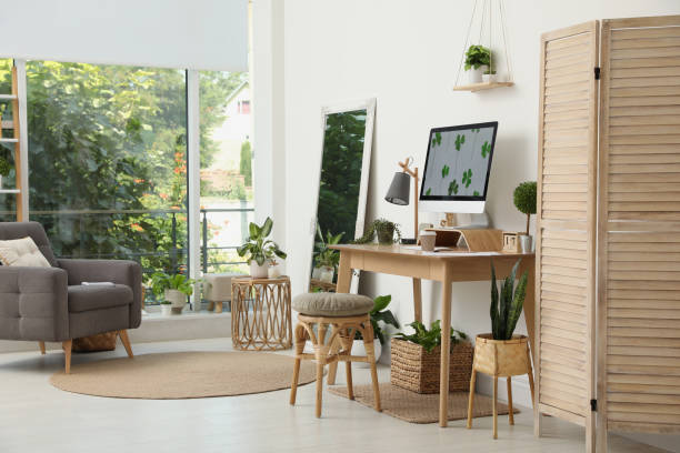 istock Stylish room interior with comfortable workplace. Home office 1403030222