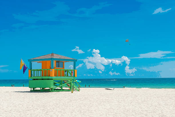 comic book styled lifeguard hut Miami beach stock photo