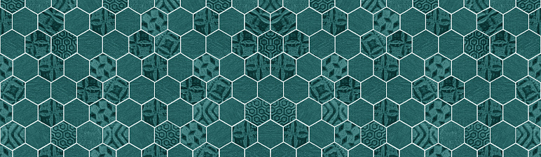 Abstract green turquoise seamless concrete cement stone mosaic tiles, tile mirror wall made of hexagonal geometric hexagon motif print texture background banner panorama