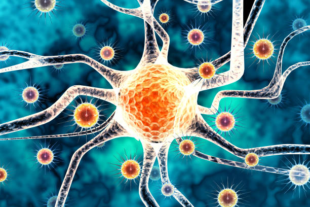 Viruses infecting neurons, brain infection concept, neuronal destruction, 3d illustration