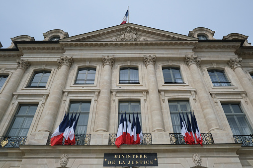 Exterior view of the Ministry of Justice which is a ministerial department of the Government of France, also known in French as la Chancellerie in Paris on April 24, 2022.