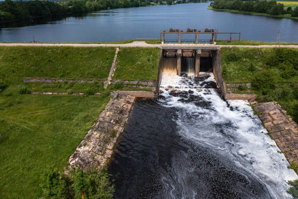 istock Aerial view of a small old dam on the river in summer 1403036155
