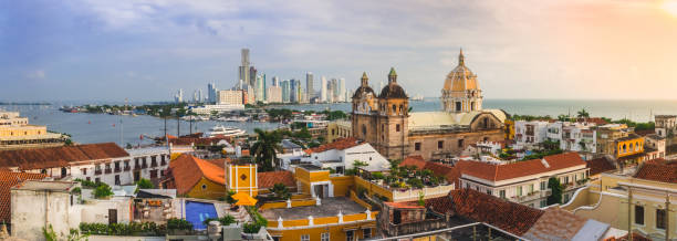 Sunset rooftop panoramic of Cartagena Rooftop panoramic shot of Cartagena from the top of the Movic hotel at sunset cartagena colombia stock pictures, royalty-free photos & images