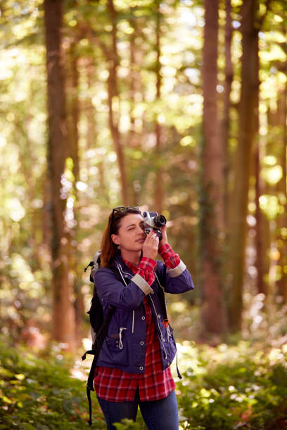 istock Woman On Hike Through Forest Taking Photo On DSLR Camera 1403037532